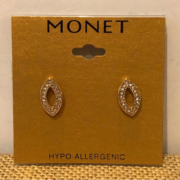 NWT Monet Earrings- Gold tone ellipse shaped with rhinestones - Picture 4 of 7